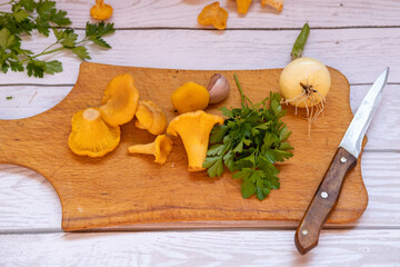 fresh chanterelle mushrooms with fresh vegetables, onions, garlic, parsley, on a board with a cooking knife, top view.