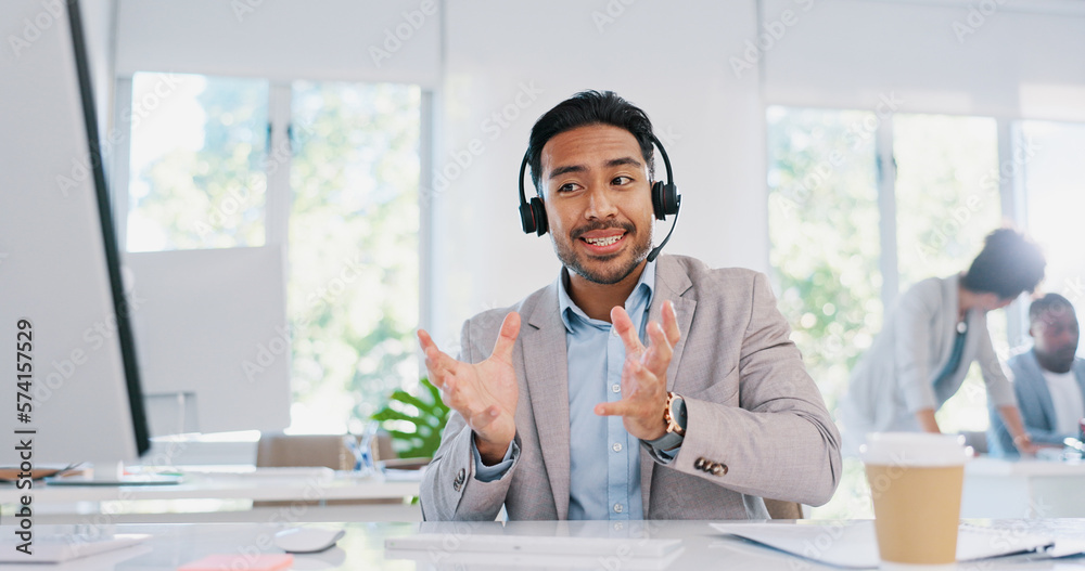 Canvas Prints Customer service, call center and man consulting in office workplace. Crm, customer support and telemarketing worker, sales agent or happy male consultant talking, networking or communication at desk