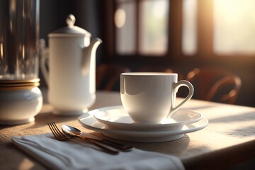 Obraz premium White coffee cup on light background. Morning coffee. Generative AI.