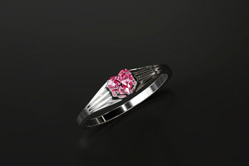Diamond Ring with Heart Shape Ruby Diamond 3d Rendering isolated on black	