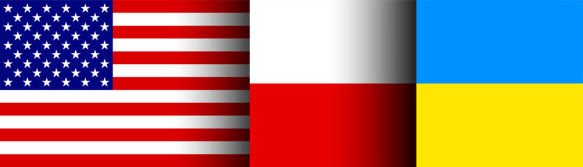 Fototapeta premium Flag of USA, Poland and Ukraine together. Country support. Vector horizontal banner or background.