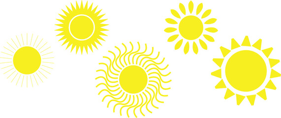 set of yellow color different styles sun icons vector format. 
