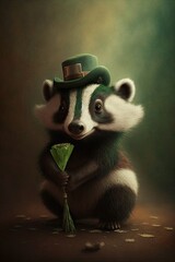 Beautiful Saint Patrick's Day Parade Celebrating Cute Creatures, Nature, and Biodiversity: Badger Animal in Festive Green Attire Celebration of Irish Culture and Happiness (generative AI)