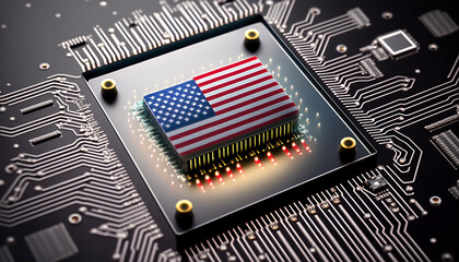 American flag on circuit board with microchips. Generative AI