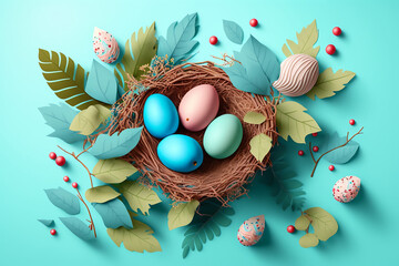 Easter eggs in the nest on a light blue background, Generative AI	