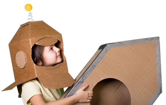 Child with rocket is dressed in an astronaut costume