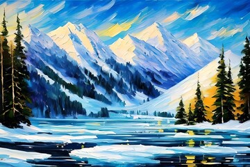 oil painting winter illustration