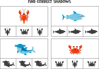 Find the correct shadows of pictures. Clip cards for preschool kids. Sea animals.