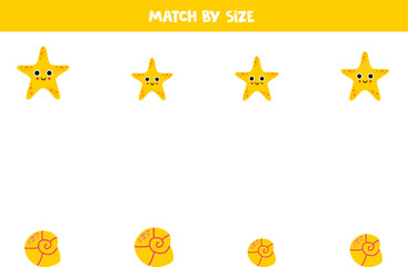 Matching game for preschool kids. Match yellow starfish and seashell by size.