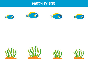 Fototapeta na wymiar Matching game for preschool kids. Match fish and sea weed by size.