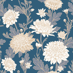 Beautiful seamless pattern with hand drawn white flowers of Chrysanthemum and leaves on a dark blue background. Vector illustration of Chrysanthemum. Floral elements for textile design - 574159960