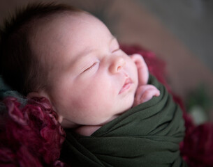 Close up peaceful newborn sleeping infant baby in christmas holiday colors - 574160161