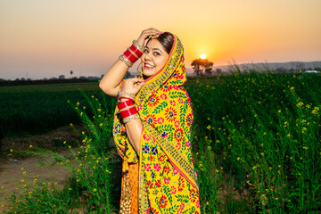 Portrait of beautiful young indian punjabi woman model wearing colorful traditional standing posing at agriculture field outdoor. - obrazy, fototapety, plakaty