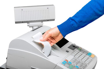 Cash register with LCD display and worker on background