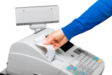 Cash register with LCD display and worker on background