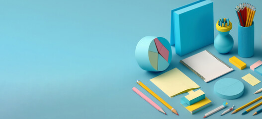 school stationery isolated on side blue background