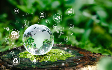 Glass globe in green forest with the icon environment of ESG, co2, circular company, and net...