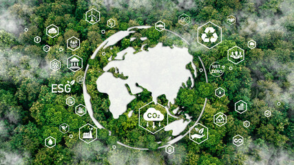 globe in green nature with the icon of Environment for ESG, co2, circular company, and net...