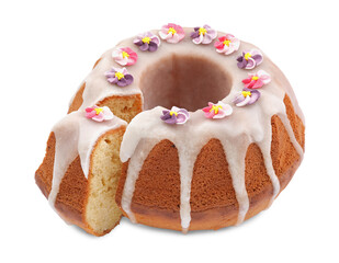 Festively decorated Easter cake on white background