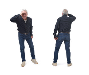 back and front of a man looking away on white background