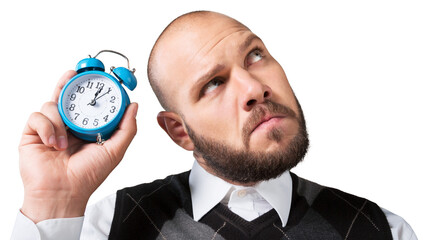 Creative funny pensive businessman with alarm clock with concept strategy