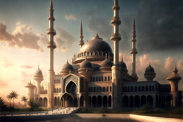 Fototapeta na wymiar grand mosque in the middle of a big city. generative ai