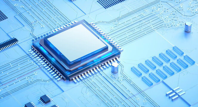 3D rendering of cyberpunk AI. Circuit board. Technology background. Central Computer Processors CPU and GPU concept. Motherboard digital chip. Tech science background.