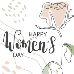 Happy Women's Day greeting card. Hand drawn vector line calligraphy. One rose flower. Elegant banner with women's day. Template for poster, postcard, banner.