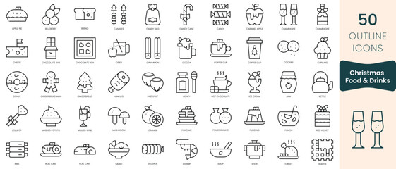 Set of christmas food and drinks icons. Thin linear style icons Pack. Vector Illustration