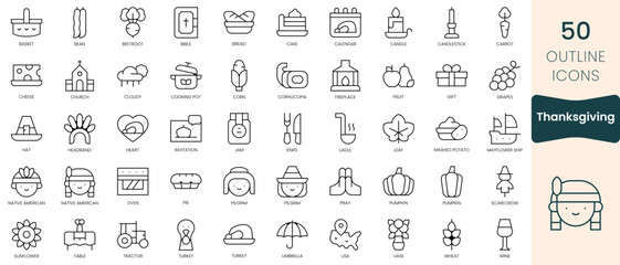 Set of thanksgiving icons. Thin linear style icons Pack. Vector Illustration