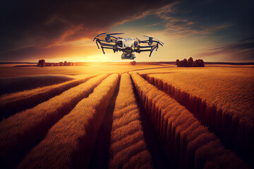 Future farming, drones working on crop fields. generative Ai