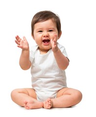 Cute baby clapping in white onesie on white background