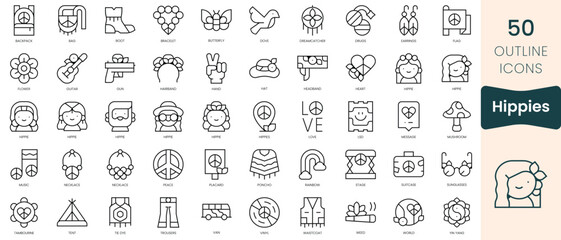 Set of hippies icons. Thin linear style icons Pack. Vector Illustration