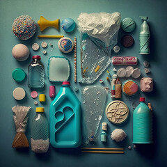 various types of plastic waste found in the sea become pollution in the ocean placed on a seafoam color background. Generative ai