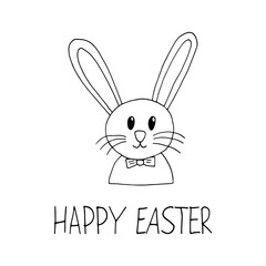 cute bunny and happy easter text hand drawn in doodle style. template card, poster