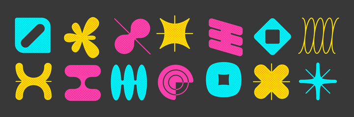 Set of colorful brutalism shapes isolated on black background. Vector illustration of abstract flower, rhombus, star, curve figures in yellow, pink and blue colors. 90s retro bold geometry symbols