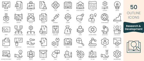 Fototapeta na wymiar Set of research and development icons. Thin linear style icons Pack. Vector Illustration