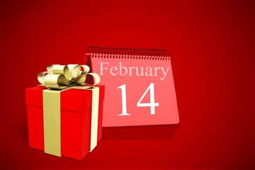 Small red gift box with desk calendar, Valentine's Day concept