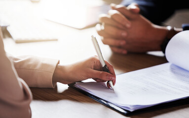 Business people, hands and signing contract, form or application for hire, recruitment or policy on...