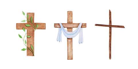 Set of 3 Religious crosses isolated on a white background. Watercolor wooden Christian crosses decorated with a piece of fabric and the green branch of a tree. Easter symbol. First communion clipart.