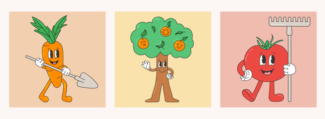 Set with garden characters, plants in trendy retro cartoon style. Tree with orange fruits with different facial expressions. Carrot with a shovel. Tomato is holding a rake. © Ira