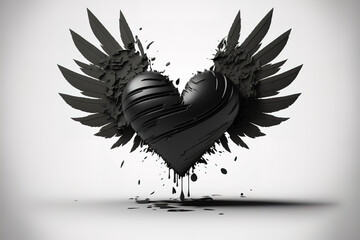 black heart with wings isolated on white. Illustration of a broken heart flying