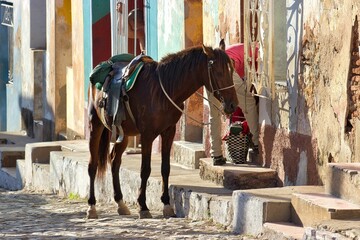 A brown horse photographed in a light-splashed alley with the colorful houses of Trinidad, Cuba.