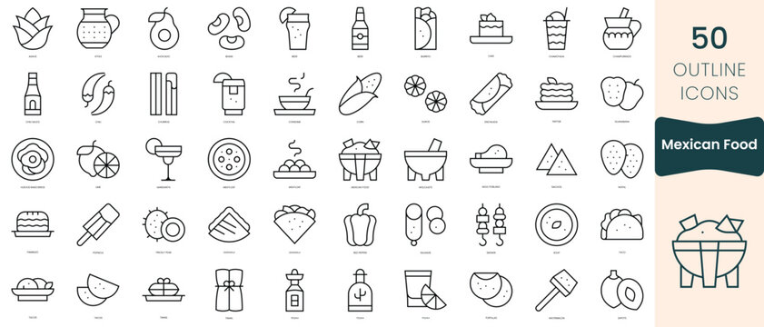 Set of mexican food icons. Thin linear style icons Pack. Vector Illustration