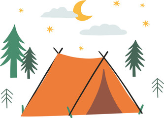 Cute cartoon Summer Camping, outdoor, Adventure, tourist and animals. Colorful vector outdoor illustration in flat cartoon style on a transparent background