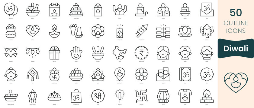 Set of diwali icons. Thin linear style icons Pack. Vector Illustration
