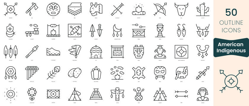 Set of american indigenous icons. Thin linear style icons Pack. Vector Illustration