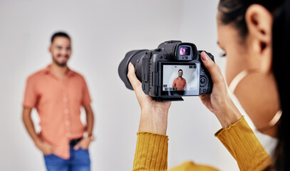 Woman, studio photography and camera with man, model and vision for fashion, magazine or designer....