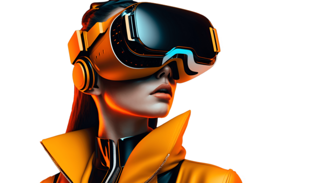 woman wearing VR glasses futuristic fashion  transparent