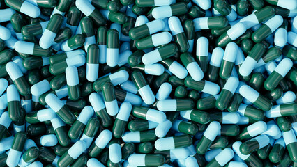 Pile of pills background, pill capsules in blue and green. drug or vitamin capsules. Pharmaceutical